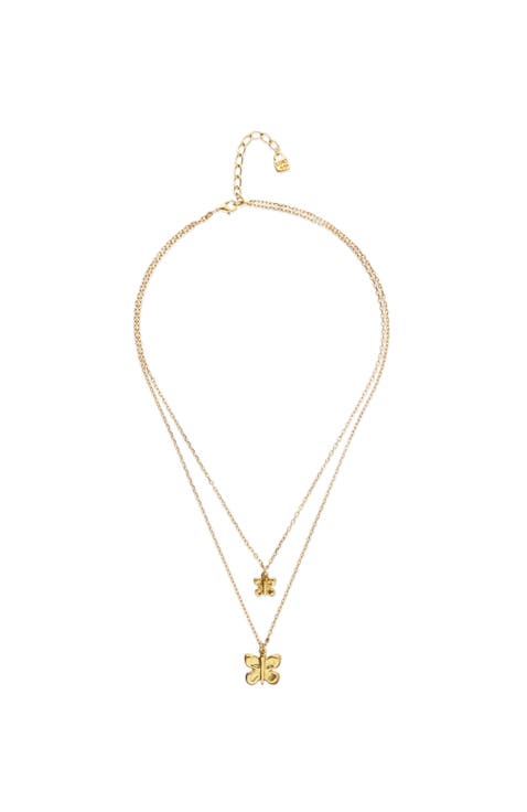 Double Butterfly & Pearl Necklace in Gold-Tone