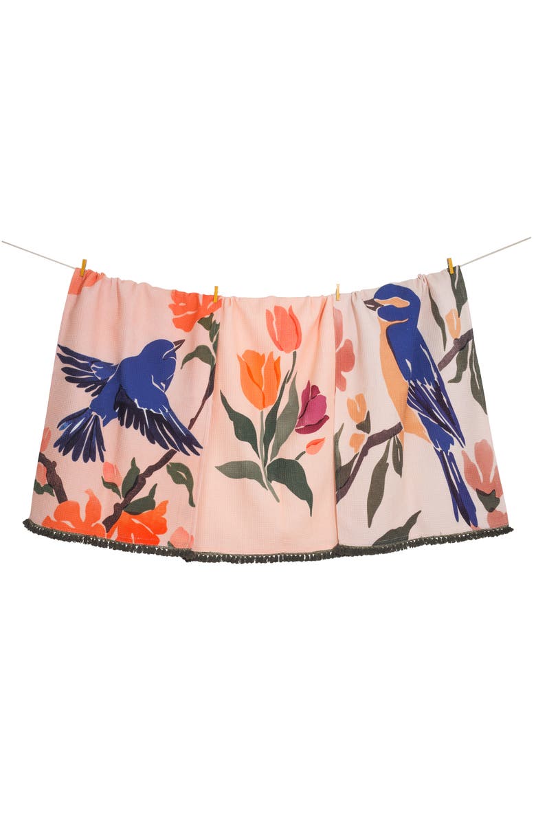 Tiramisu Bluebird Garden Set of 3 Cotton Waffle Kitchen Towels, Main, color, Peach/ Royal Blue/ Orange