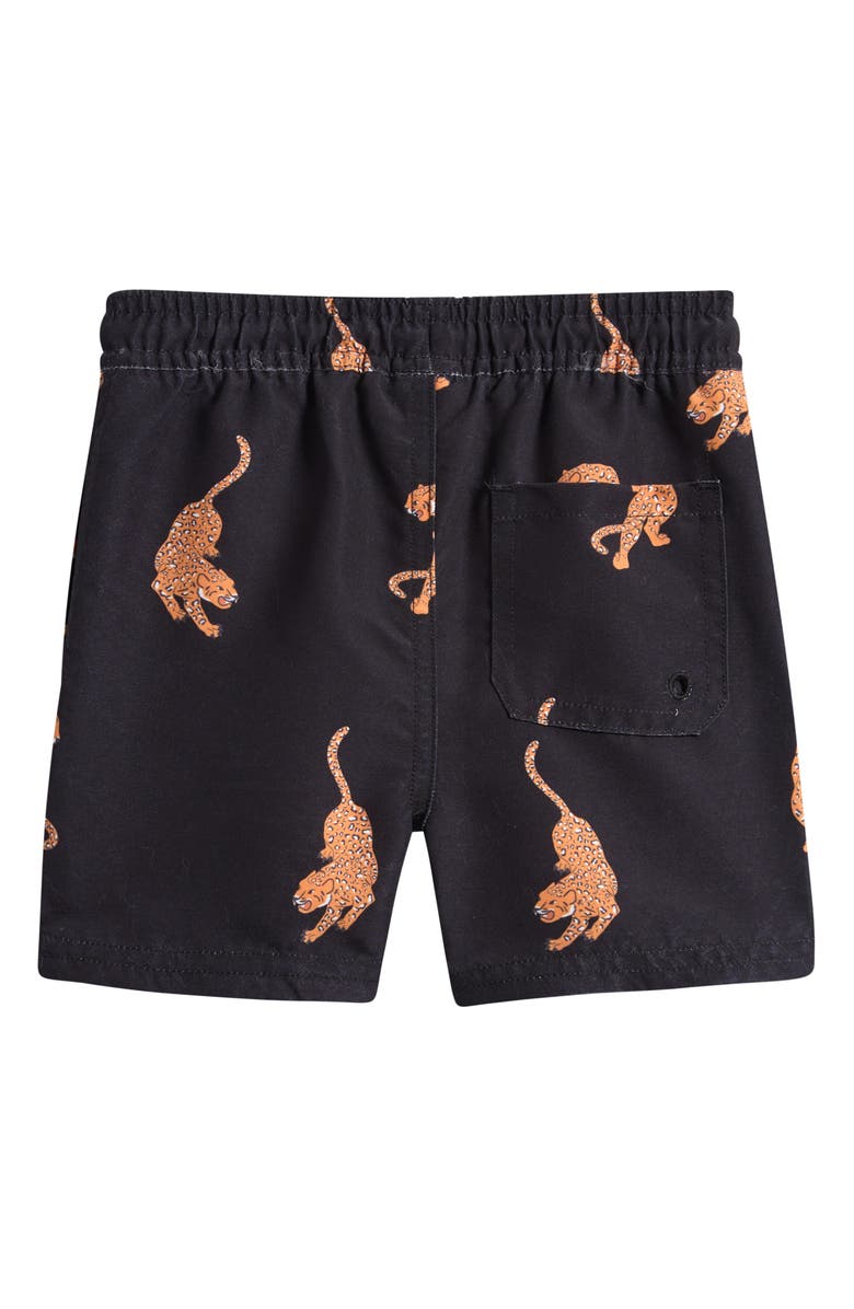 MILES BABY Monstera Leaf Print Swim Trunks, Alternate, color, Black