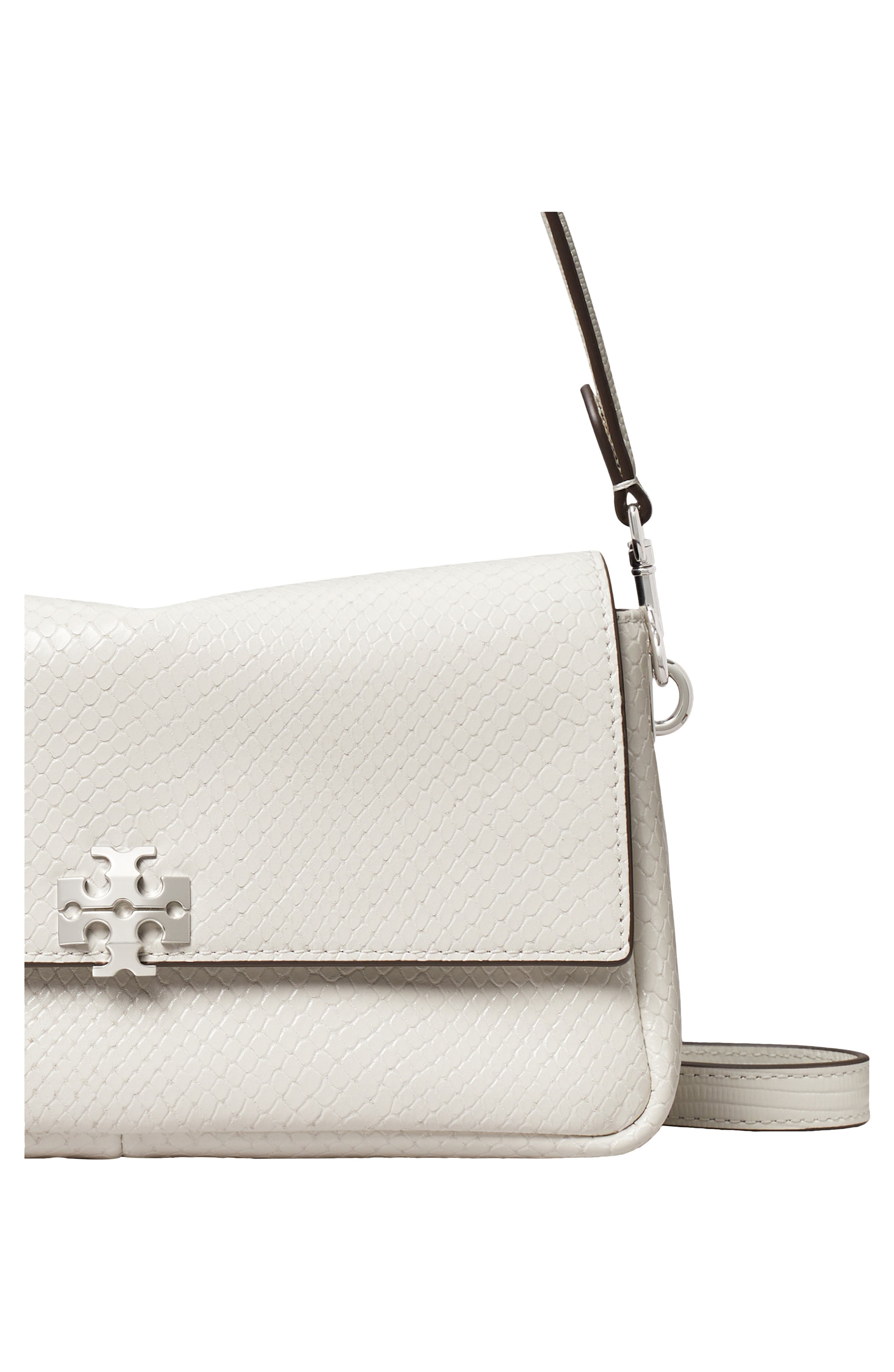 Tory Burch Small Charlie Snakeskin Embossed Leather Shoulder Bag, Alternate, color, Light Gray