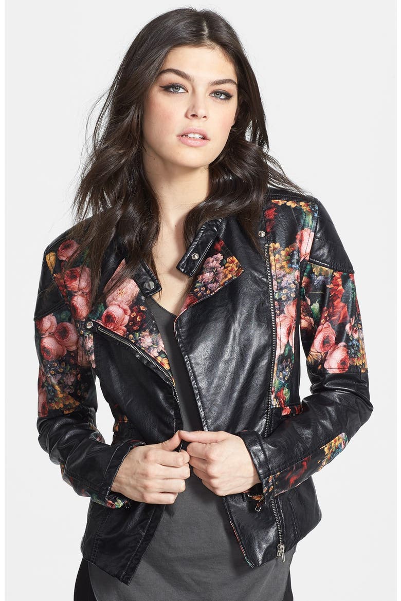 Floral Faux Leather Jacket, Main, color, HOLE
