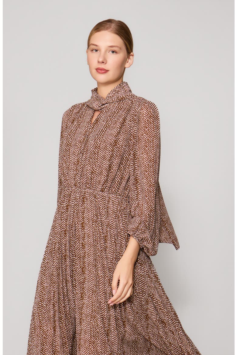 Pleated Long Sleeve Maxi Dress, Alternate, color, BROWN GEO