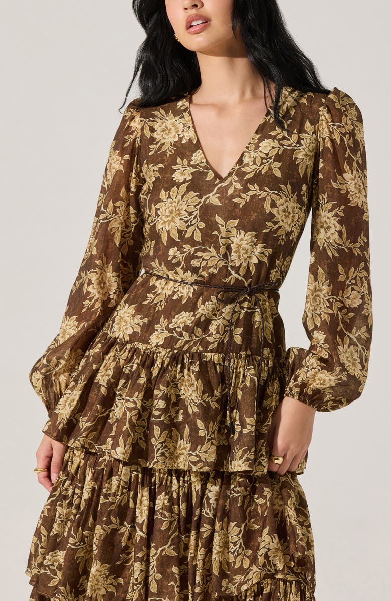 ASTR the Label Franchesca Floral Long Sleeve Tiered Cotton Blend Dress, Alternate, color, Olive Floral