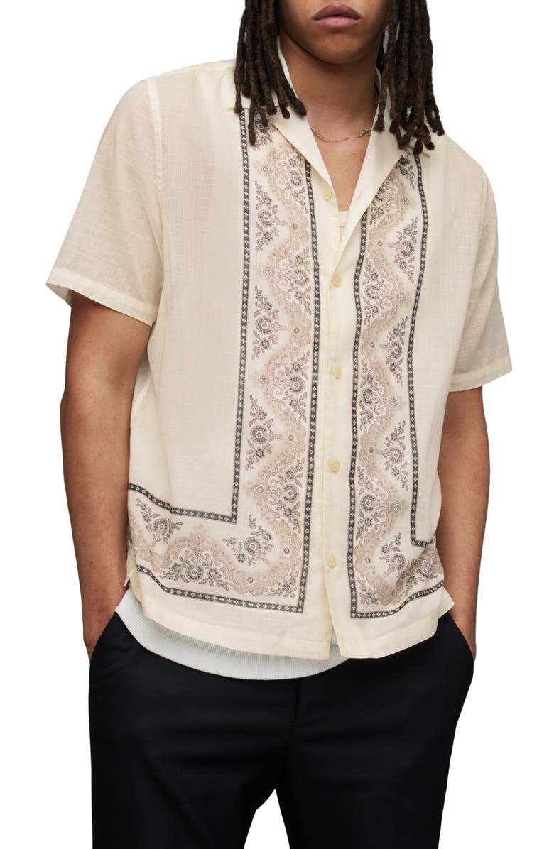 AllSaints Frontiere Border Print Camp Shirt, Main, color, 