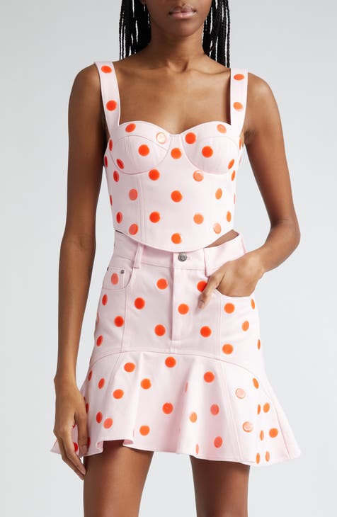 Polka Dot Ruffle Denim Bustier Top