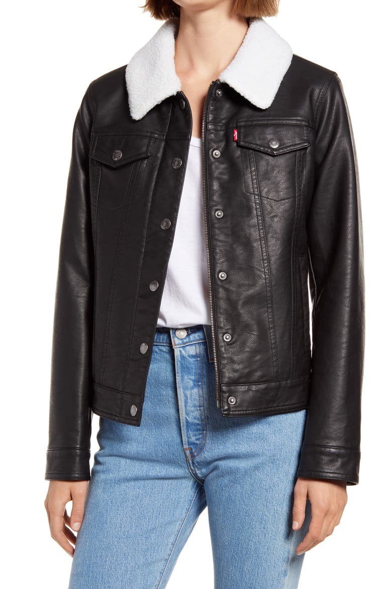 Levi's® Faux Leather Trucker Jacket with Faux Shearling Collar, Main, color, BLACK