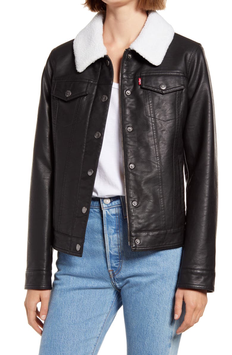 Levi's<sup>®</sup> Faux Leather Trucker Jacket with Faux Shearling Collar, Main, color,