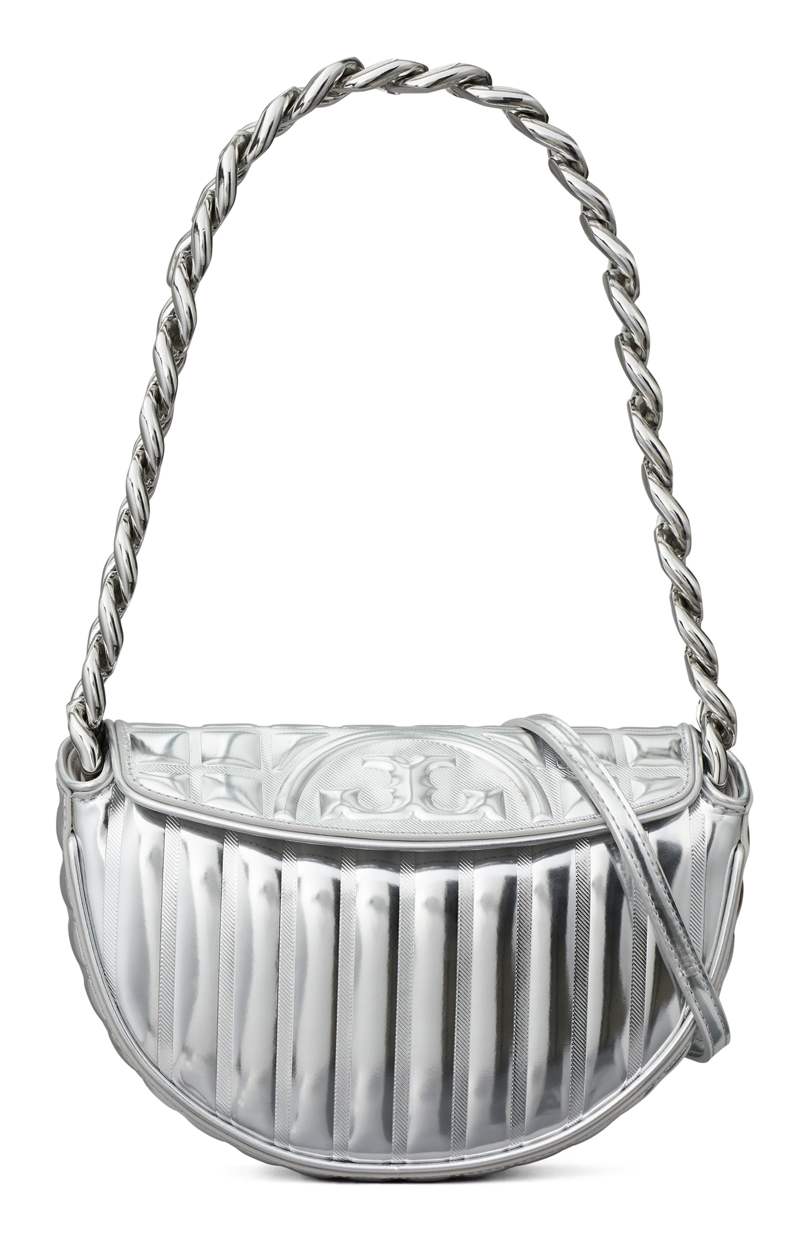 Tory Burch Mini Fleming Soft Metallic Crescent Shoulder Bag, Main, color, 