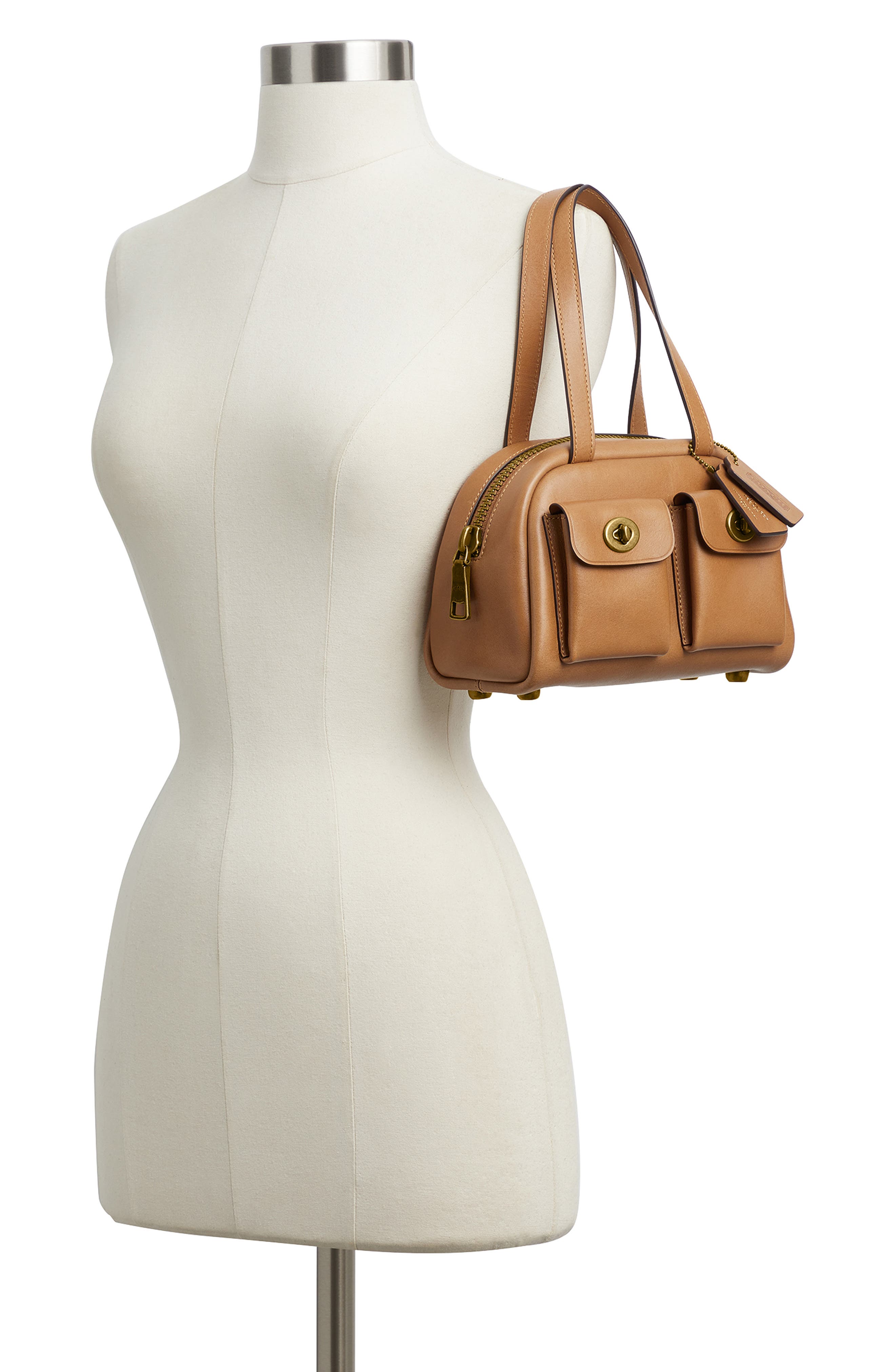 Twin Turnlock Leather Top Handle Bag, Alternate, color, TOFFEE