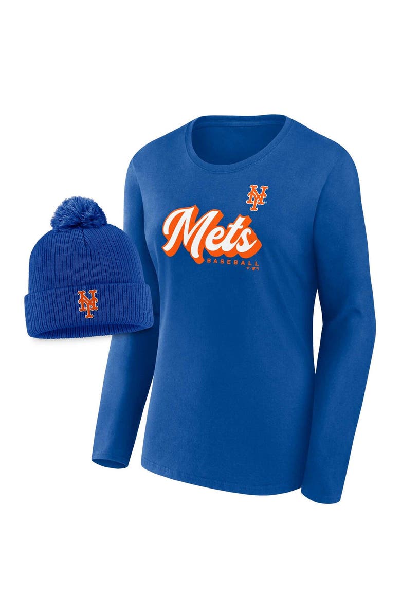 FANATICS Women's Fanatics Branded Royal New York Mets Run The Bases Long Sleeve T-Shirt & Cuffed Knit Hat with Pom Combo Set, Alternate, color,