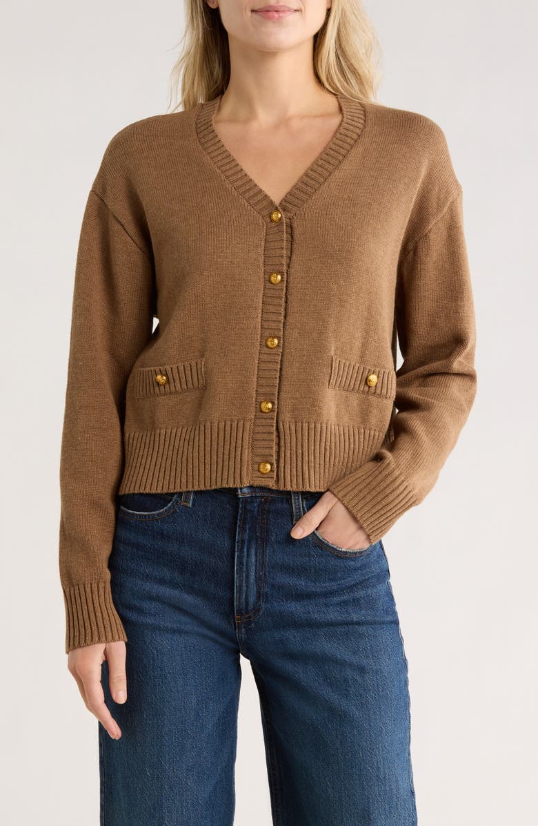 WAYF Button Front Cotton Cardigan, Main, color, Mocha