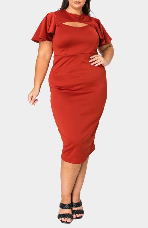Millie Cutout Flutter Sleeve Satin Body-Con Dress (Plus)