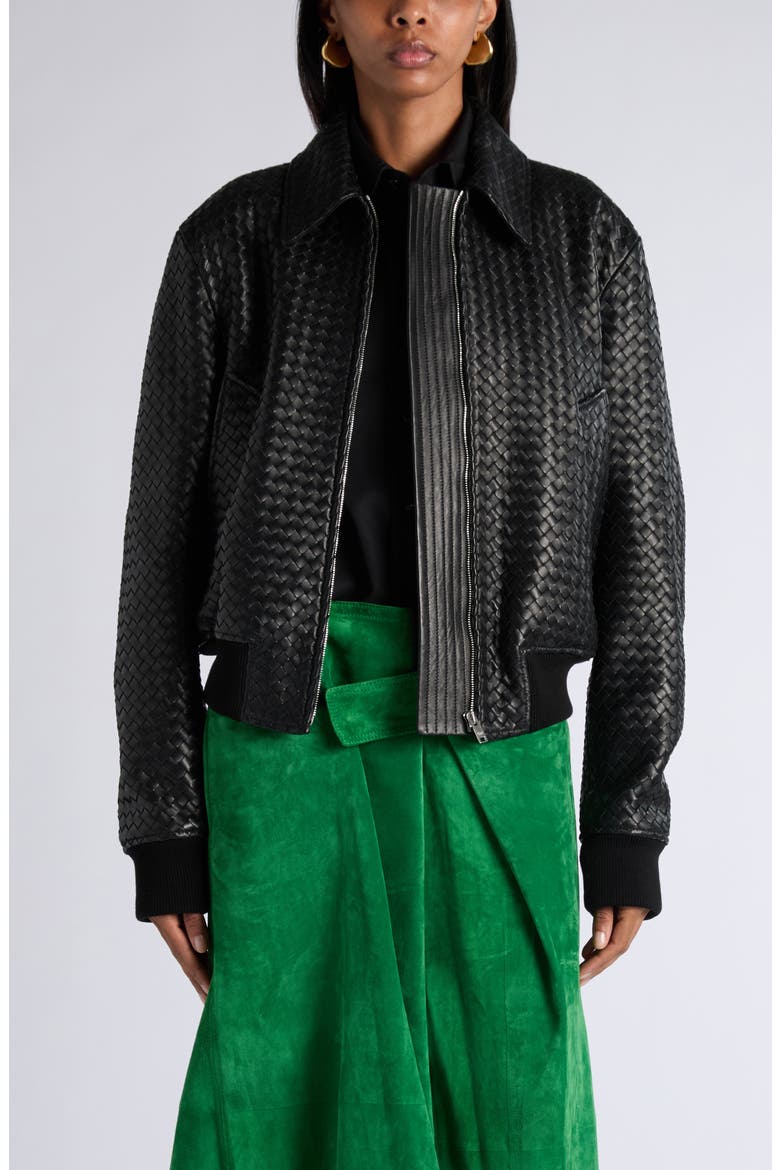 Intrecciato Leather Bomber Jacket, Main, color, 1010 DOUBLE BLACK