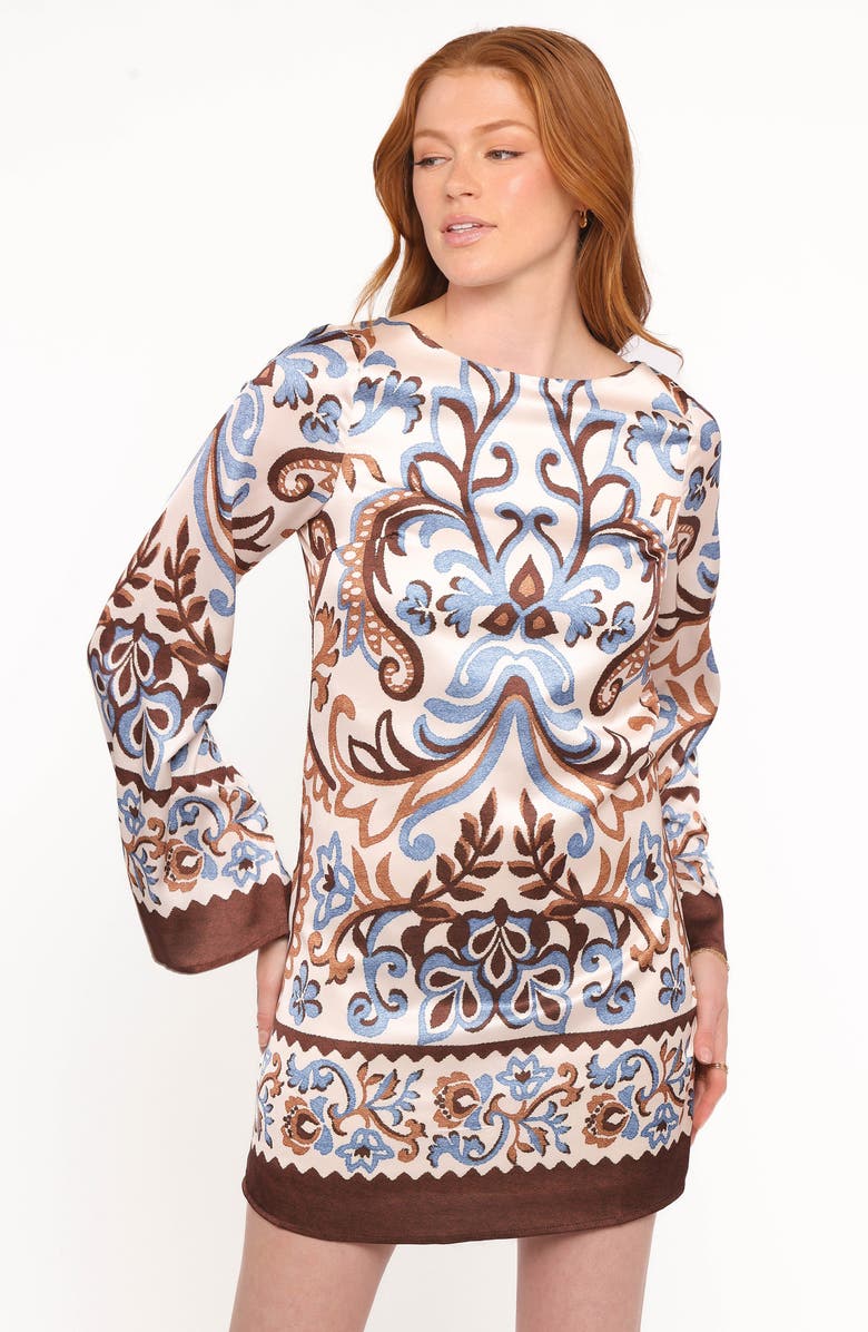 Petal & Pup Megan Printed Bell Sleeve Satin Minidress, Alternate, color, Ivory Brown Blue