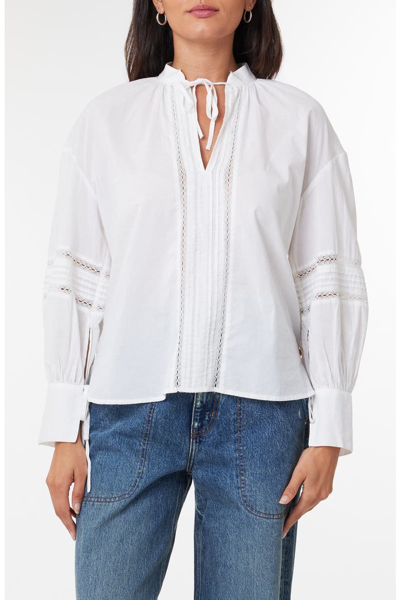Lace Inset Tie Neck Cotton Top, Main, color, WHITE