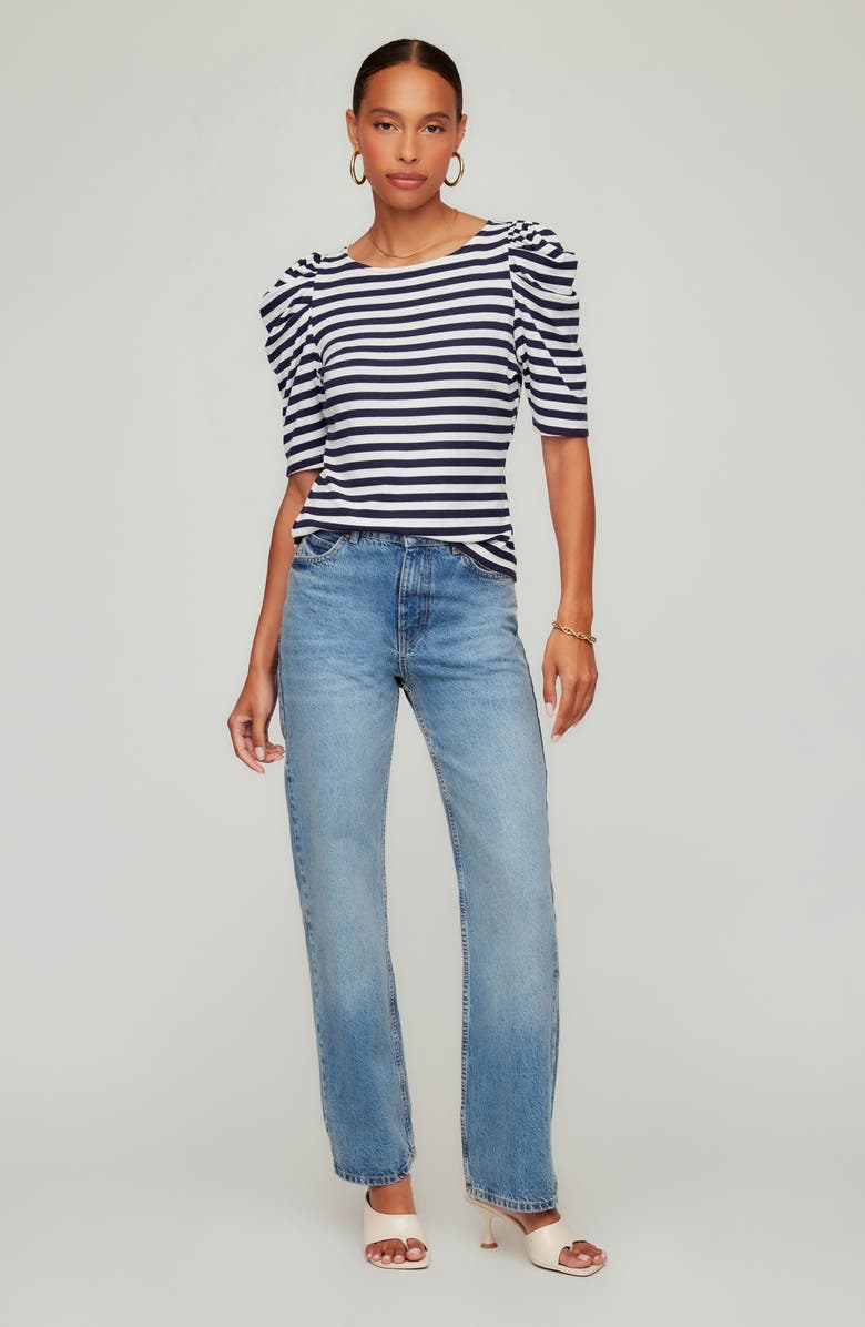 FIFTEEN TWENTY Marni Stripe Ruched Sleeve Rib Top, Alternate, color, Navy W/ White