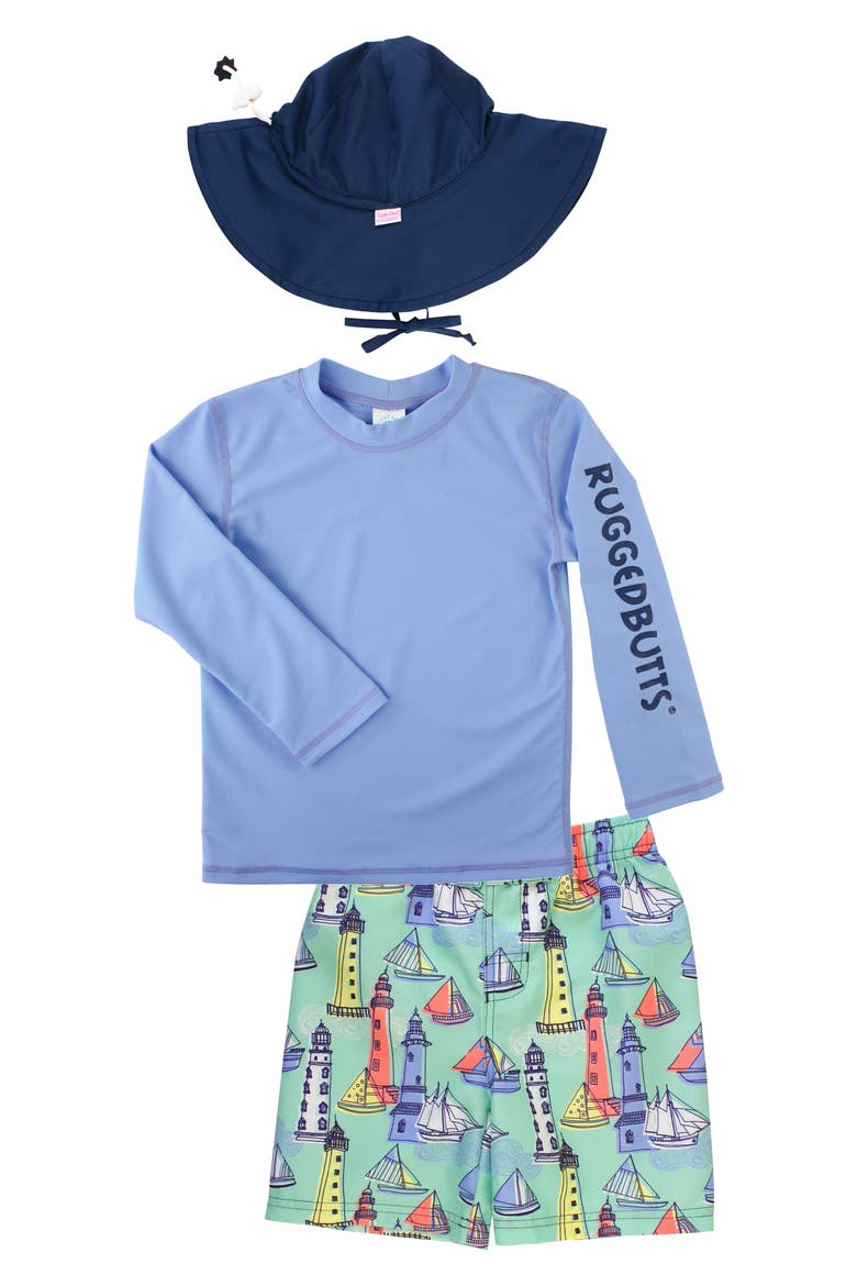 Two-Piece Rashguard Swimsuit & Floppy Hat Set, Main, color, BLUE