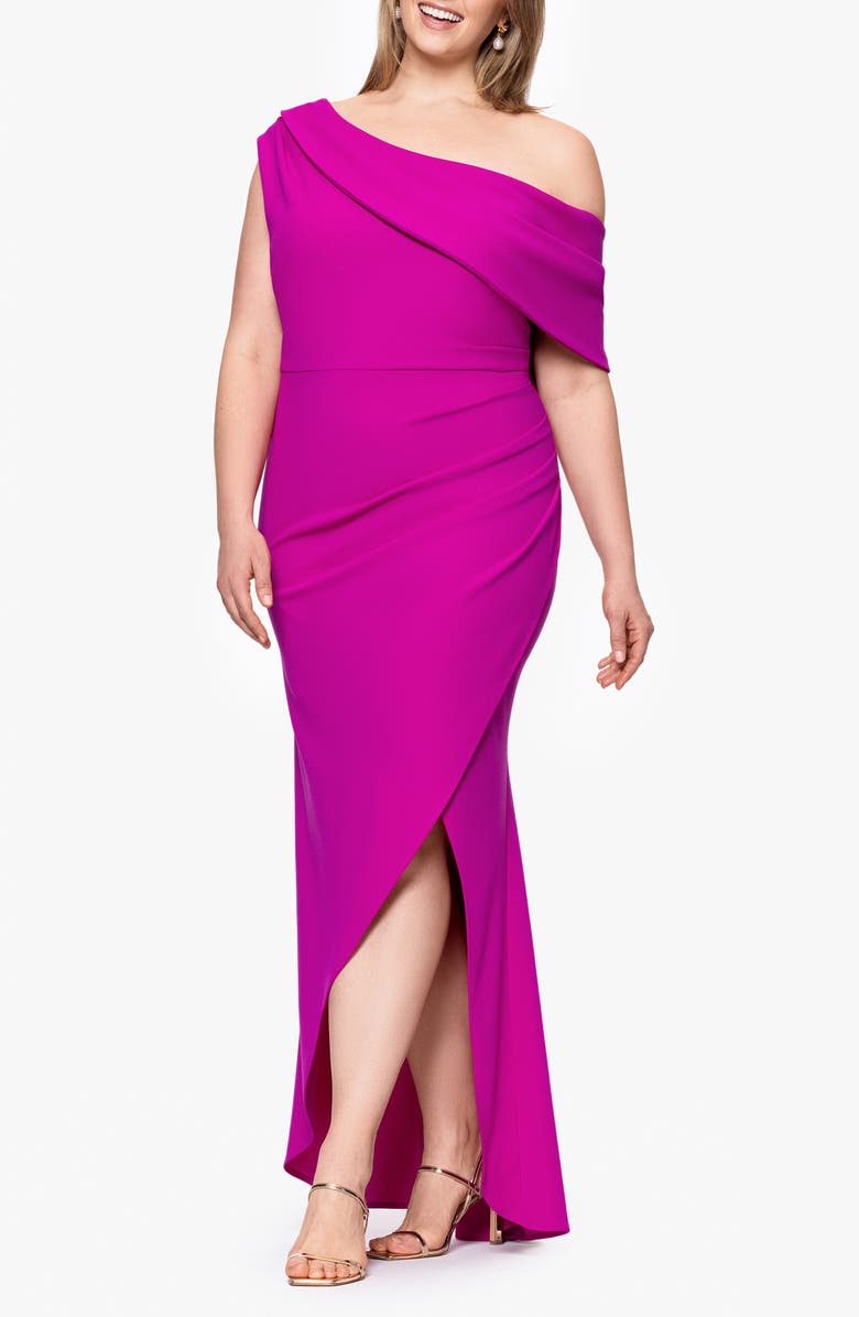 Betsy & Adam One-Shoulder Scuba Crepe Gown, Alternate, color, New Fuchsia