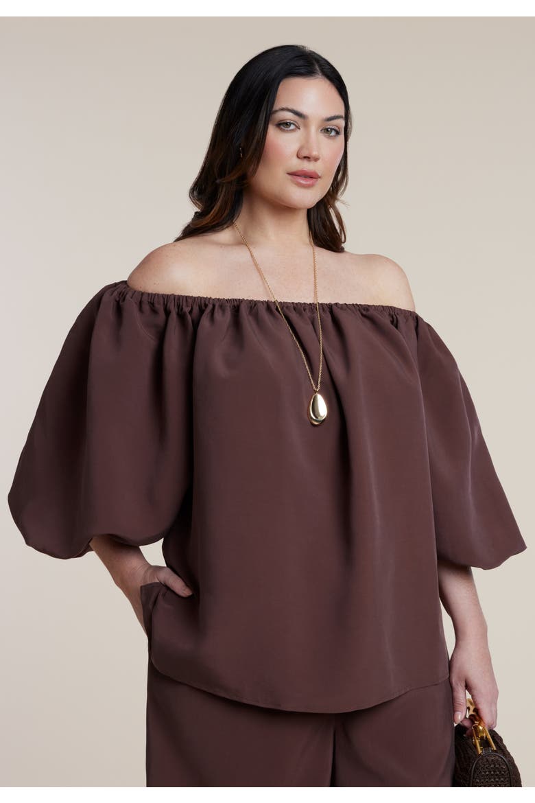 Off The Shoulder Puff Sleeve Top, Alternate, color, HOT FUDGE