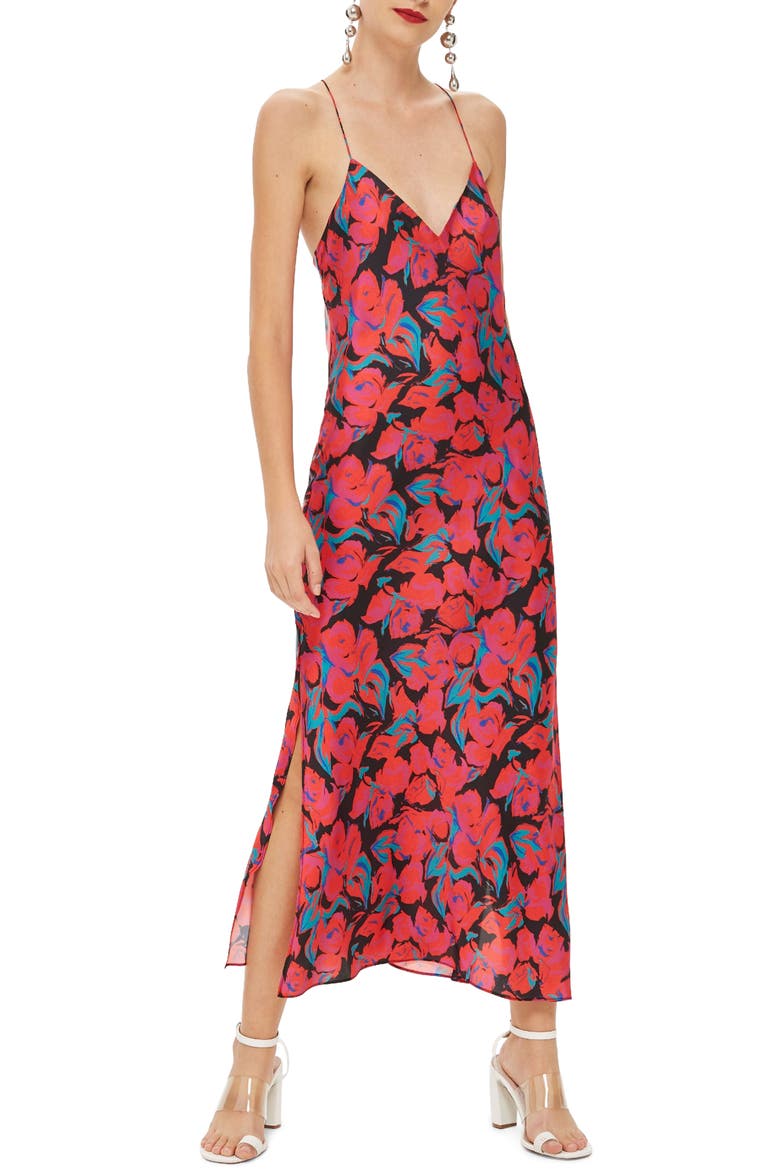 Floral Satin Slipdress, Main, color, RED MULTI