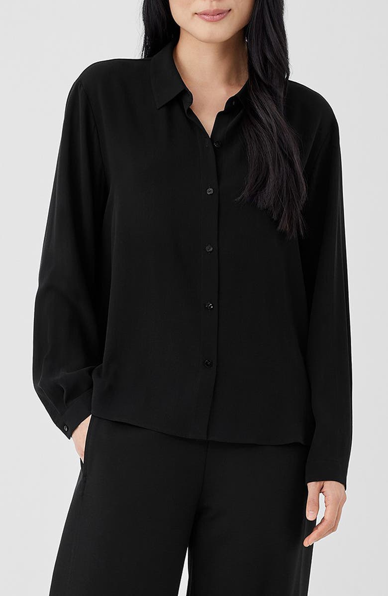 Eileen Fisher Easy Classic Collar Silk Button-Up Shirt, Main, color, Black