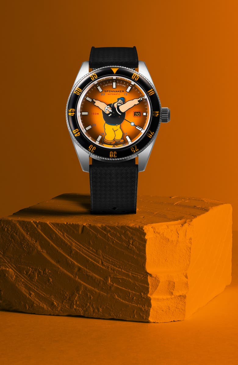 SPINNAKER x Popeye Fleuss Bronemies Automatic Silicone & Nylon Strap Watch, 43mm, Alternate, color, Yellow