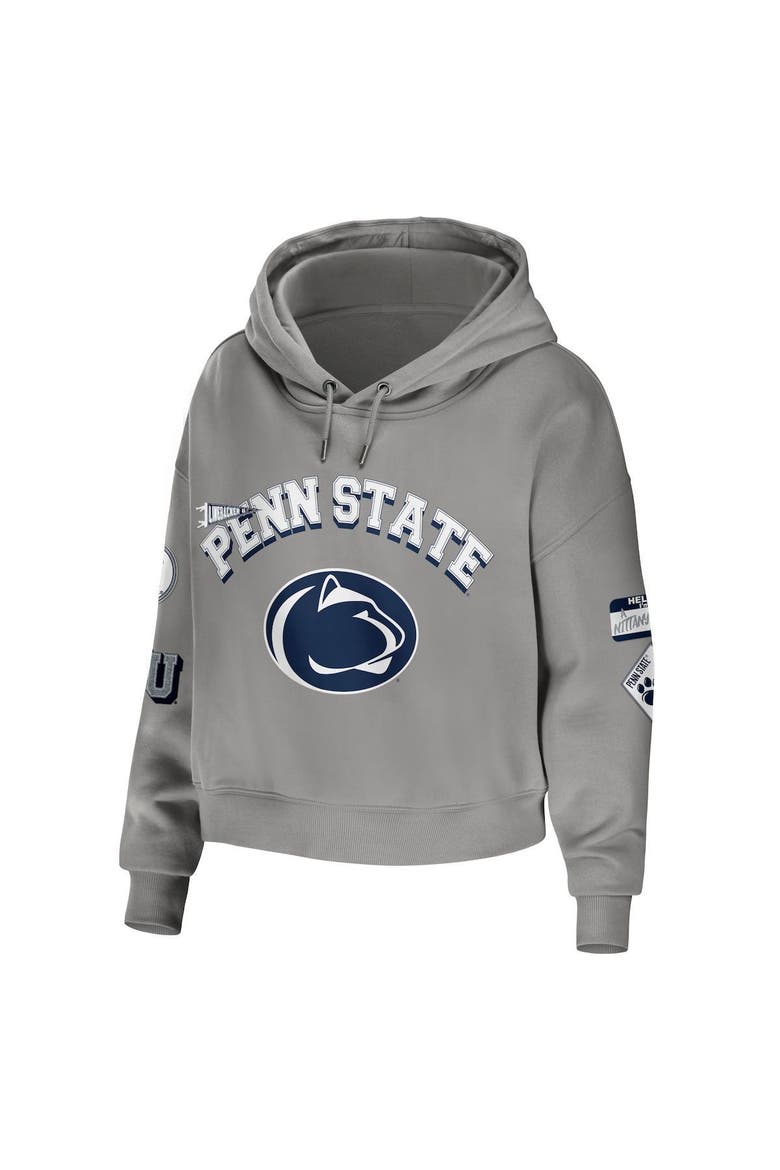 Women's WEAR by Erin Andrews Gray Penn State Nittany Lions Mixed Media Cropped Pullover Hoodie, Alternate, color, Gray