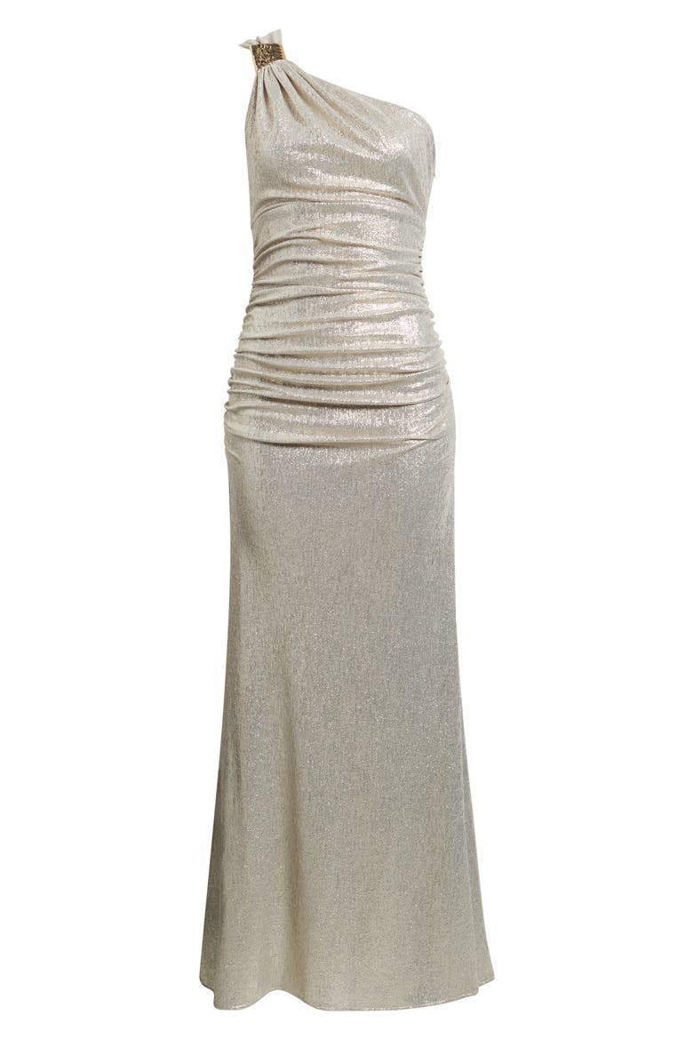 Metallic One-Shoulder Ruched Mermaid Gown, Alternate, color, GOLD