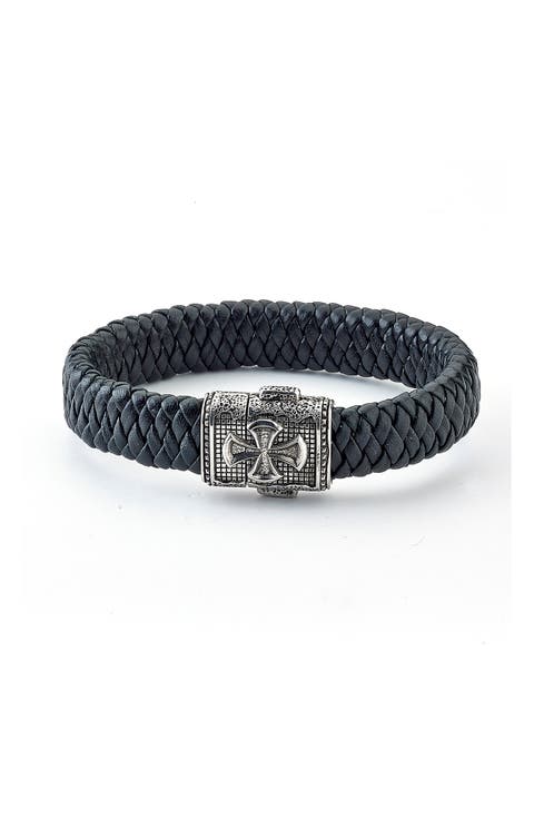 Sterling Silver Cross Leather Bracelet