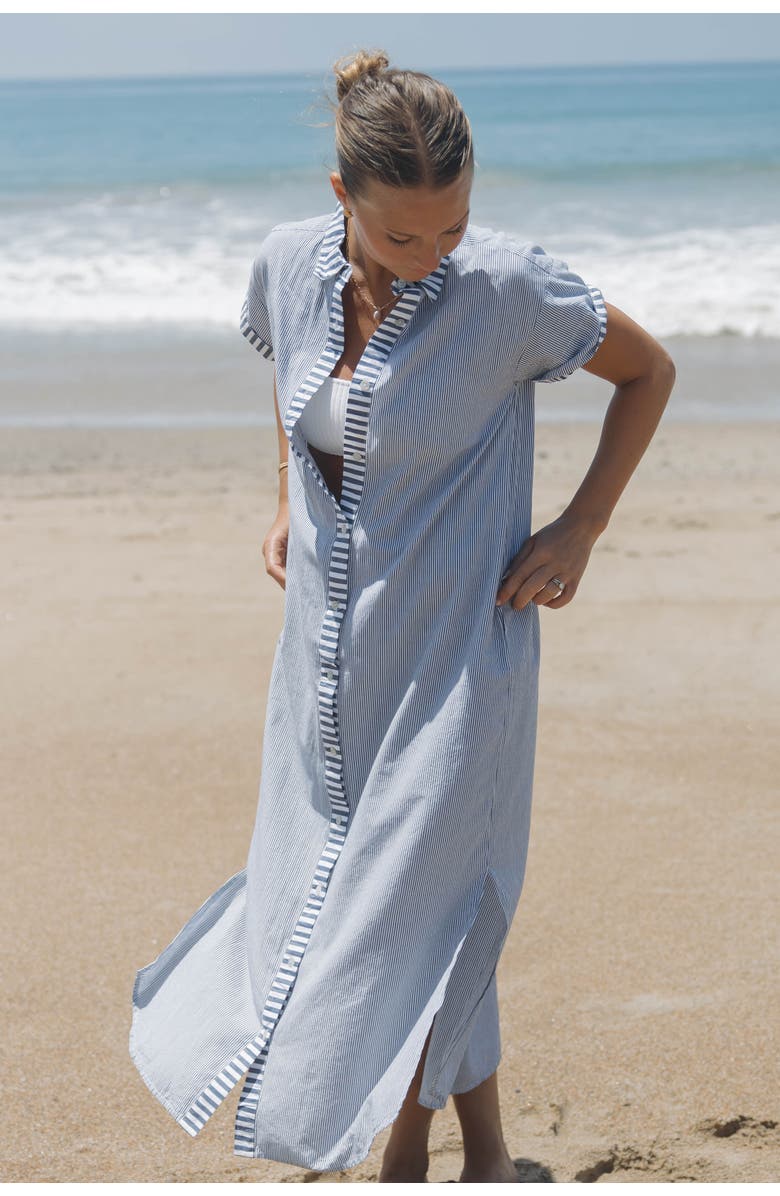 SITANO Riga Short Sleeve Striped Midi Dress Cover-Up, Alternate, color, Navy Stripes