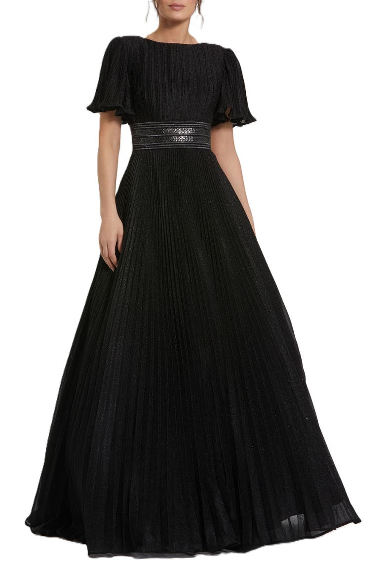 Pleated Shimmering Georgette Flutter Sleeve Gown, Main, color, Black