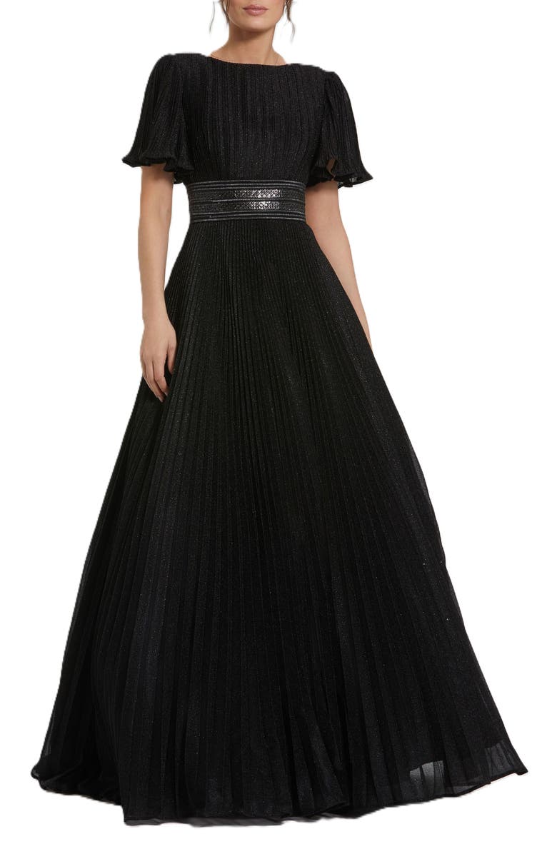 Mac Duggal Pleated Shimmering Georgette Flutter Sleeve Gown, Main, color, Black