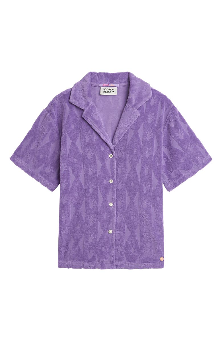 Scotch & Soda Kids' Jacquard Cotton Blend Button-Up Camp Shirt, Main, color, Cactus Stripe Paisley Purple