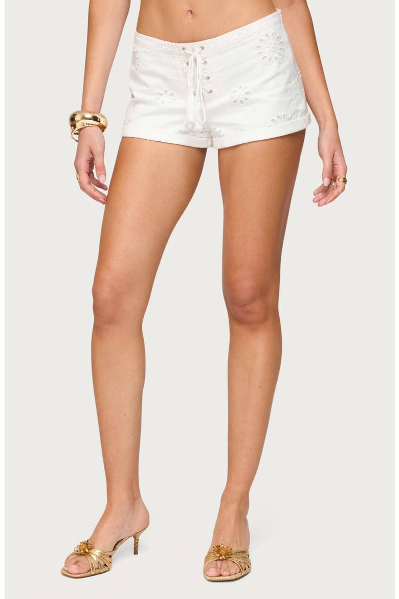 Trisha Low Rise Eyelet Lace-Up Shorts, Main, color, WHITE