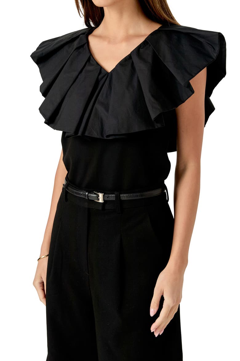 Mixed Media Ruffle Sleeveless Top, Alternate, color, BLACK