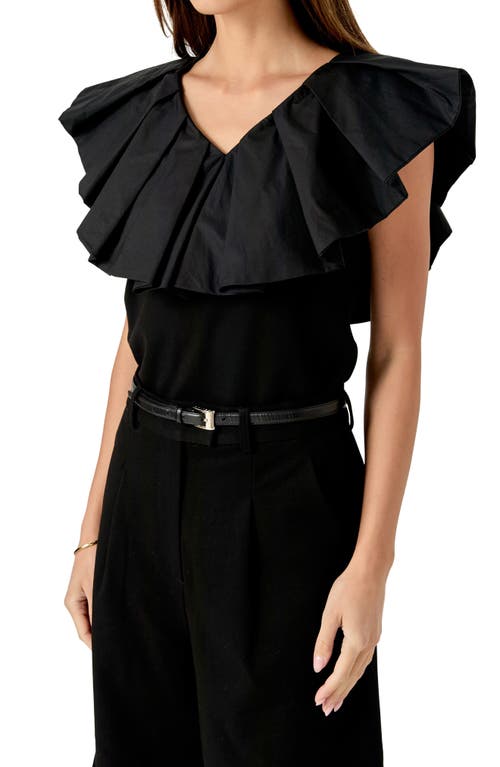English Factory Mixed Media Ruffle Sleeveless Top In Black