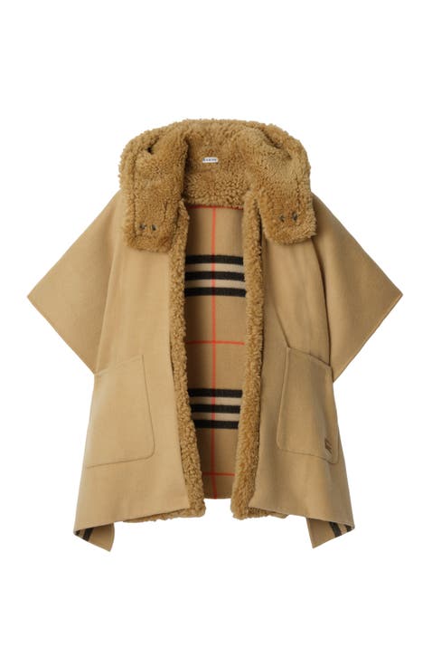 Reversible Shearling Trim Check Cashmere Cape