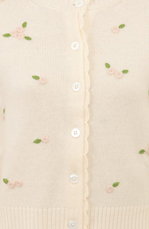 House Of Cb Anjou Floral Embroidered Ruffle Wool Cardigan In Cream And Rose Embroidered