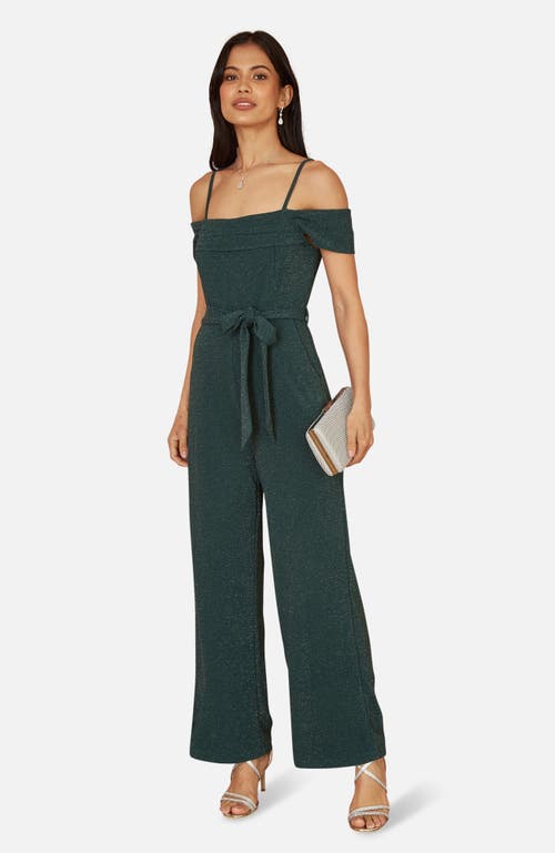 Yumi Sparkle Stretch Bardot Jumpsuit In Green
