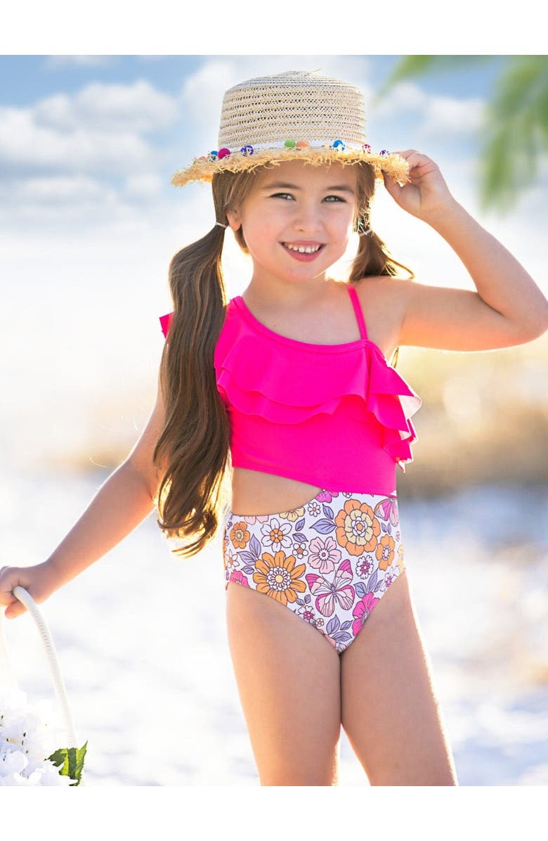 Mia Belle Girls Girls Tropical Bloom One-Shoulder One-Piece Swimsuit, Alternate, color, Pink