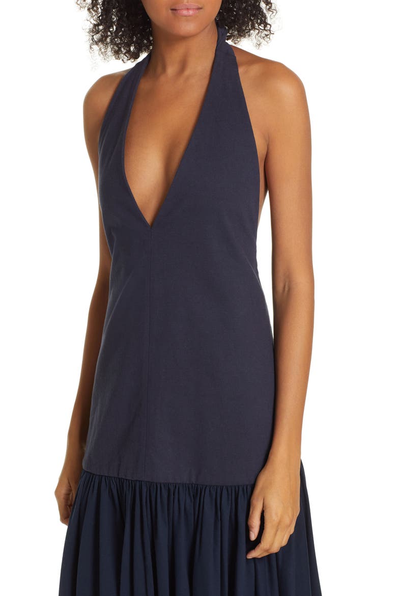 Deep-V Punto Milano Midi Dress, Alternate, color, NAVY