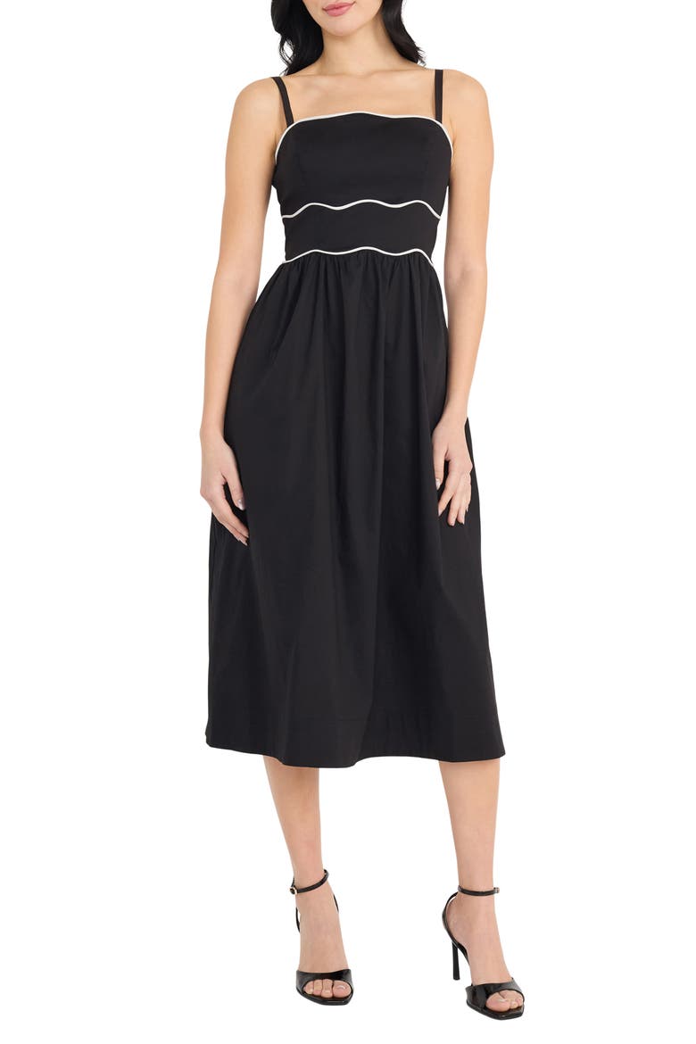 Wavy Piping Stretch Cotton Midi Sundress, Main, color, BLACK