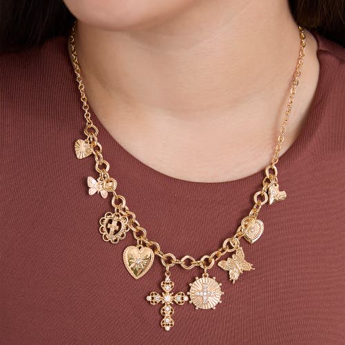 Jessica Simpson Gold-tone Textured Cross & Heart Charm Necklace In Gold