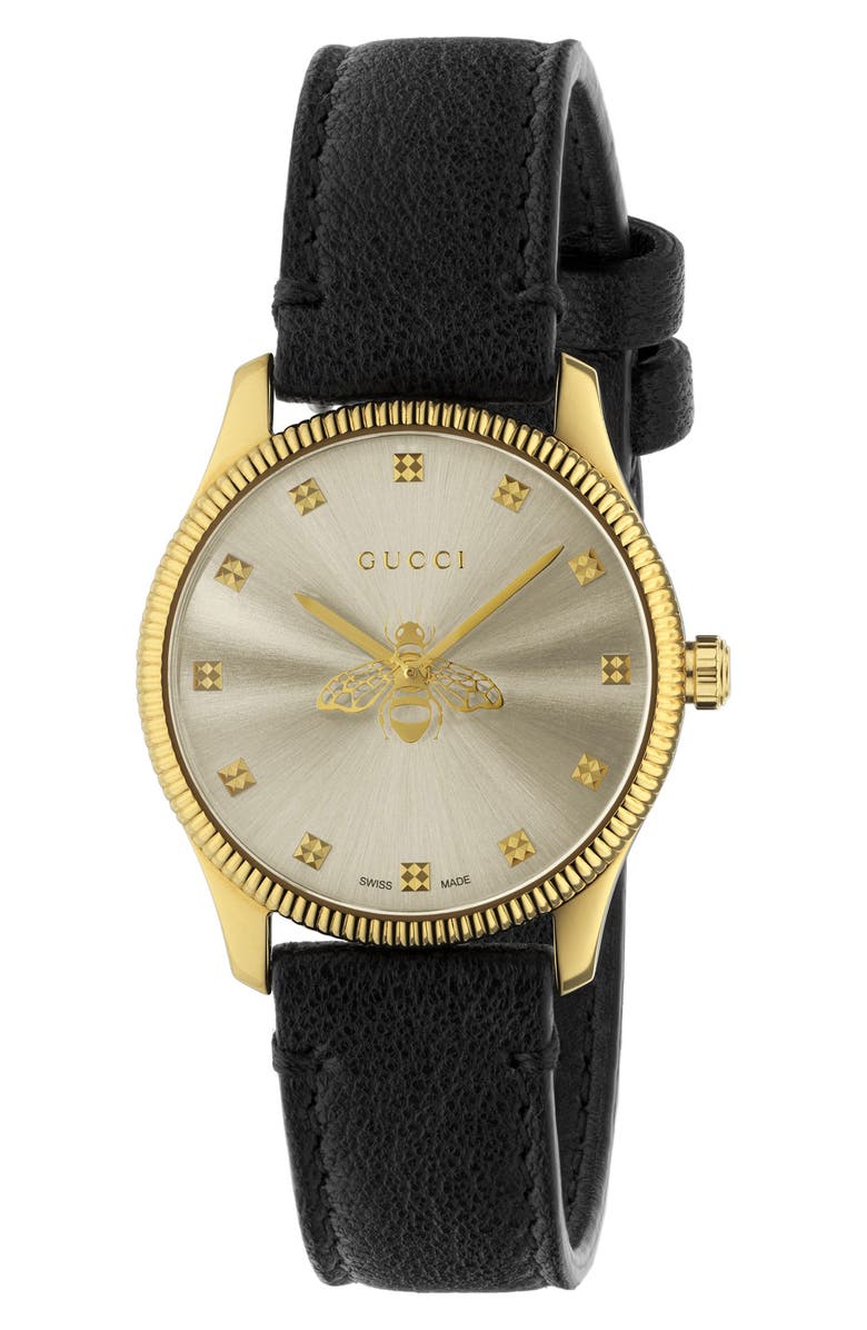 Gucci G-Timeless Bee Leather Strap Watch, 32mm, Main, color, 