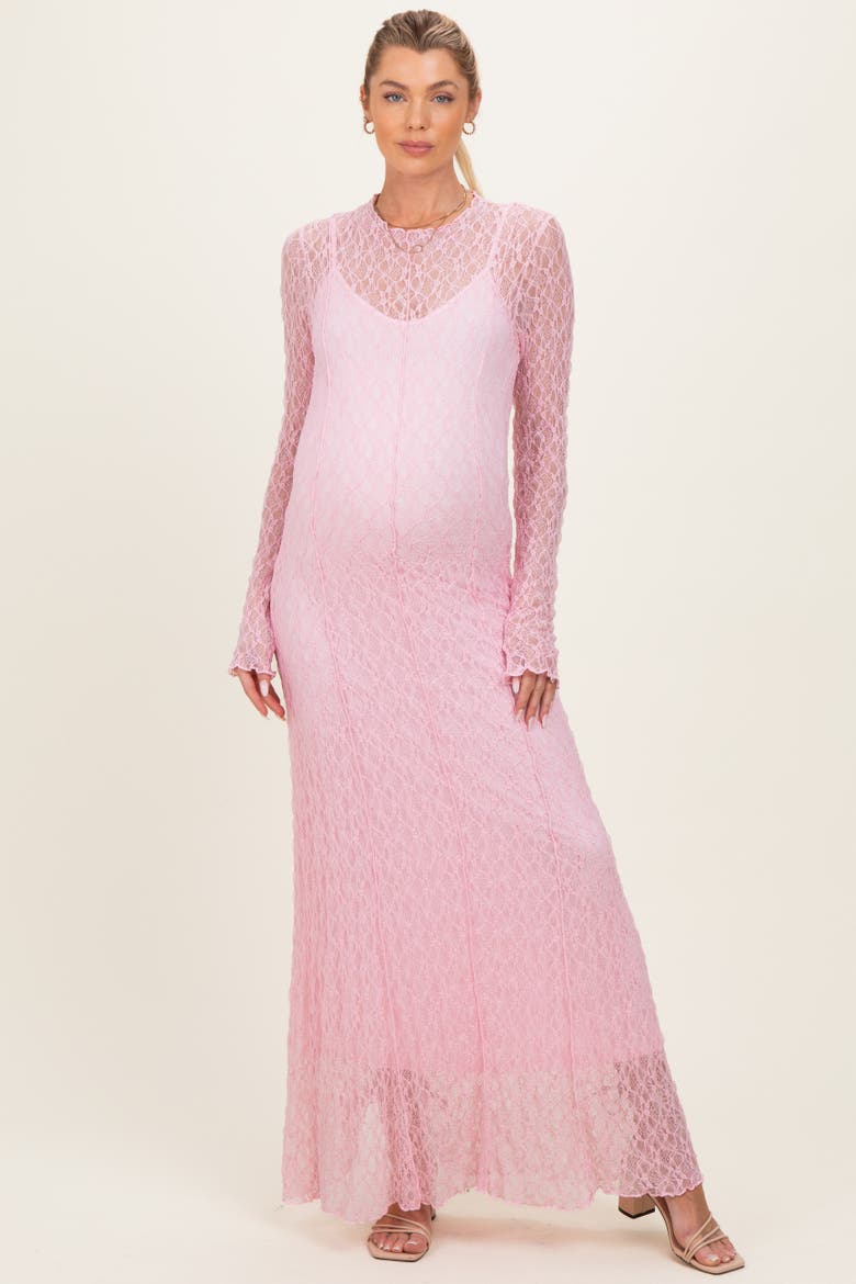 Lace Mock Neck Long Sleeve Maxi Dress, Main, color, Light Pink