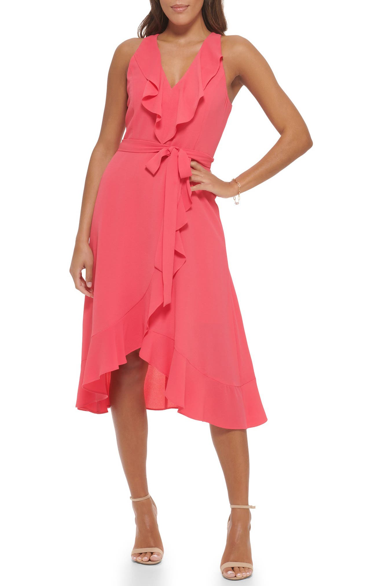 Kensie Ruffle Trim Faux Wrap Dress