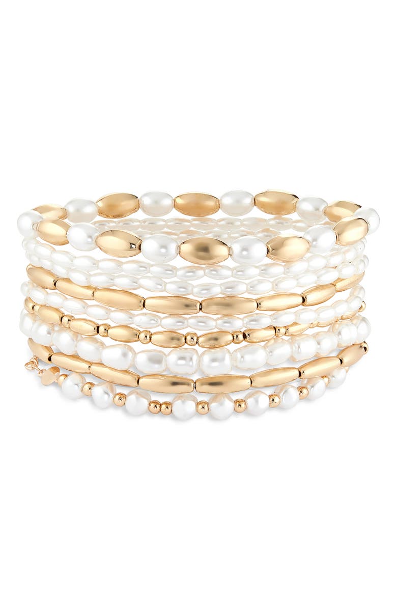 Tasha 9-Piece Mixed Faux Pearl Bead Stretch Bracelet Set, Main, color, Gold/Ivory