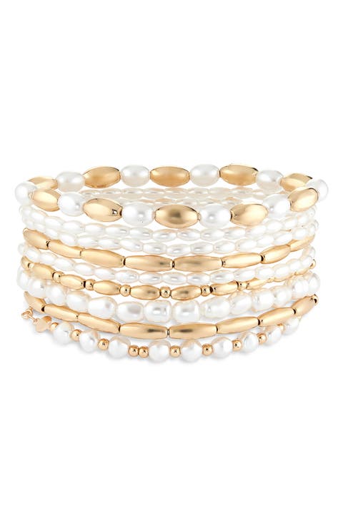 9-Piece Mixed Faux Pearl Bead Stretch Bracelet Set