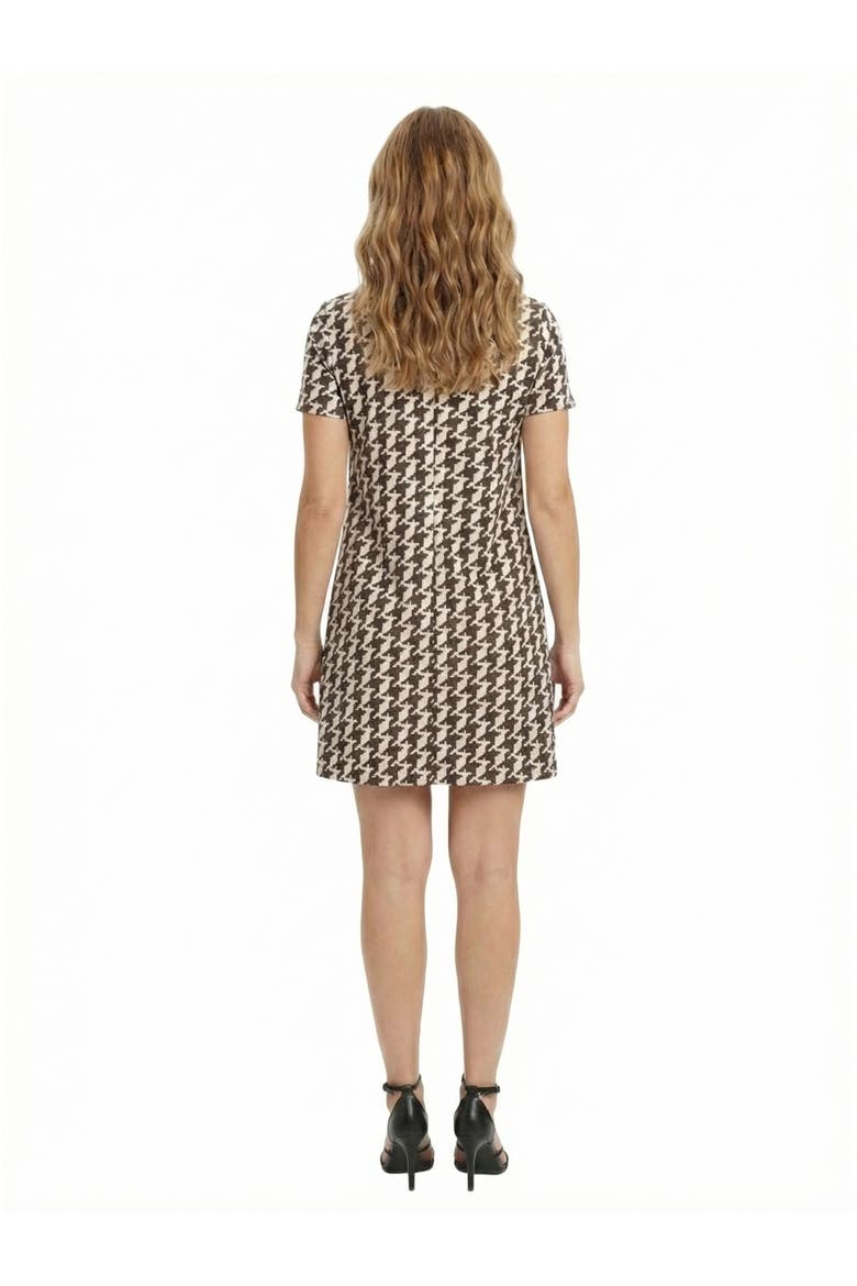 Essential Petite Geometric Short Sleeve Round Neck Mini Shift Dress, Alternate, color, Brown Multi