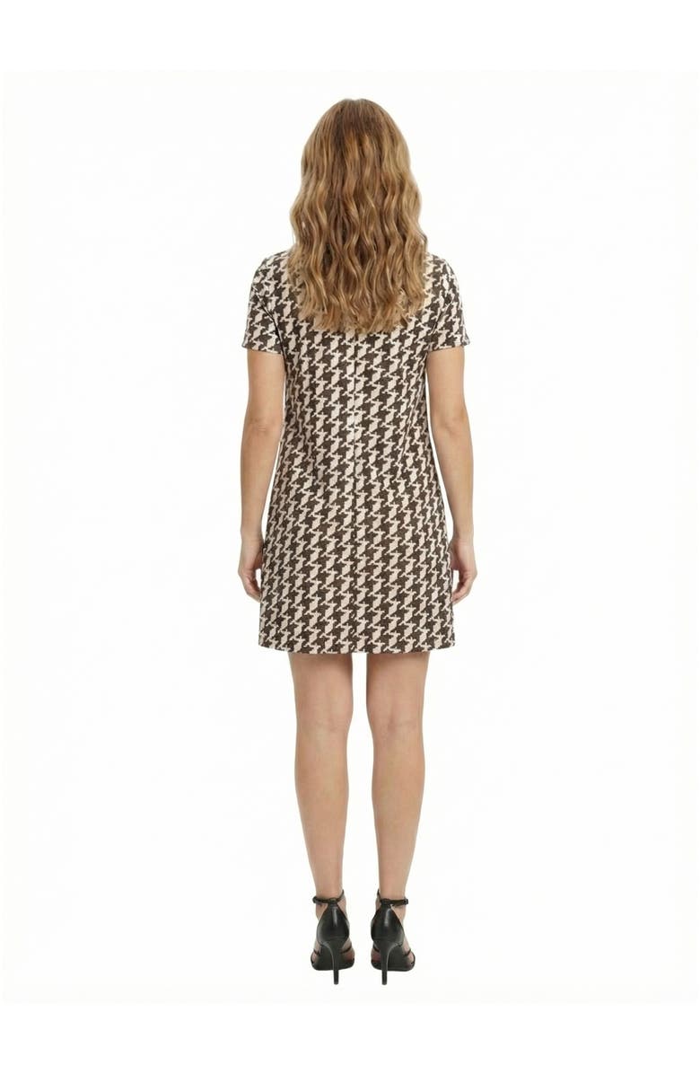 24seven Comfort Apparel Essential Petite Geometric Short Sleeve Round Neck Mini Shift Dress, Alternate, color, Brown Multi